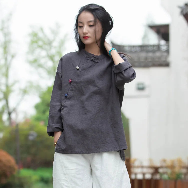 Women's: Vintage & Chinese Style Cotton Linen Long Sleeve Button Loose Blouses Shirts