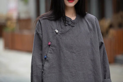 Women's: Vintage & Chinese Style Cotton Linen Long Sleeve Button Loose Blouses Shirts