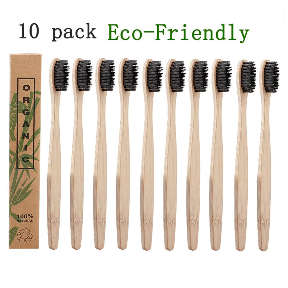 Zero Waste: 10pcs/Set Natural Bamboo Eco-Friendly Toothbrush - Soft-bristle Charcoal Square Wooden Handle Toothbrushes Dental Care Tools