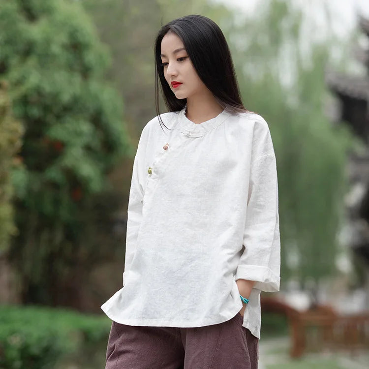 Women's: Vintage & Chinese Style Cotton Linen Long Sleeve Button Loose Blouses Shirts