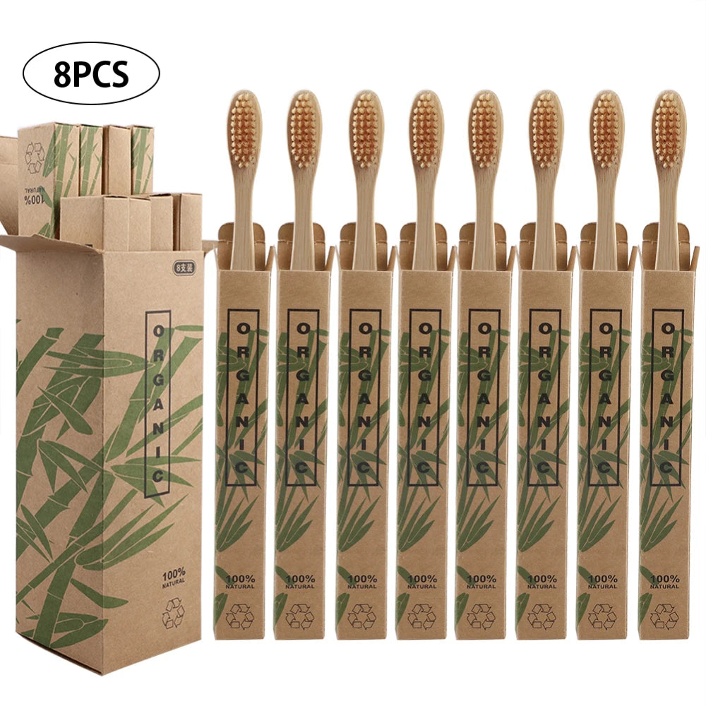 Zero Waste: 8pcs Bamboo Wooden Toothbrushes with Eco-friendly Bristle