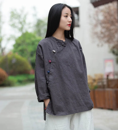 Women's: Vintage & Chinese Style Cotton Linen Long Sleeve Button Loose Blouses Shirts