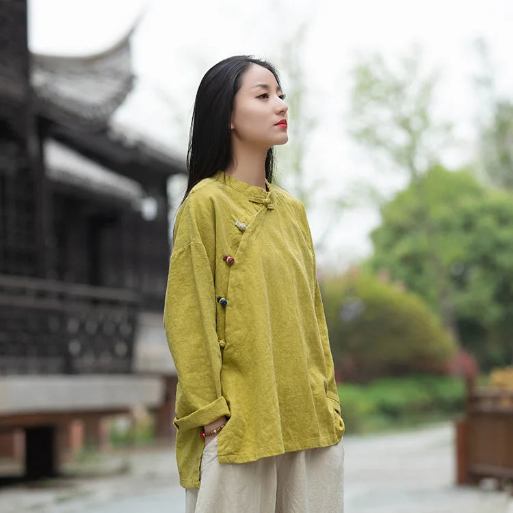 Women's: Vintage & Chinese Style Cotton Linen Long Sleeve Button Loose Blouses Shirts