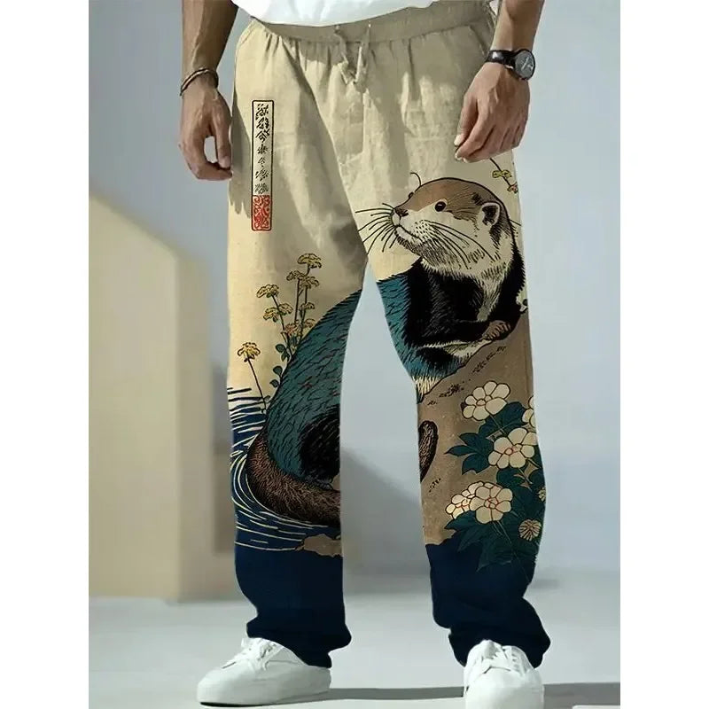 Men's: Linen Japanese Harajuku Style Wide Leg Pants with Fox Raccoon Prints - Casual Summer Trousers Streetwear