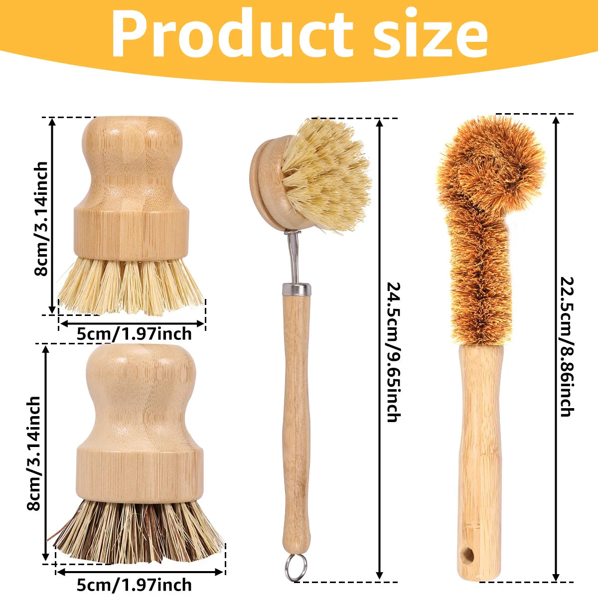 Zero Waste 3-5Pcs Wooden Dish Brush Replaceable Long Handle Kitchen Cleaning Brush Set Natural Sisal Scrubbing Brush for Cleaning Pots Pans