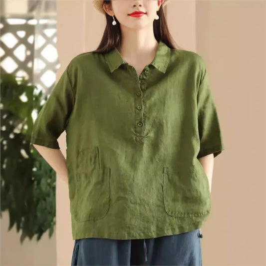 Women's: Linen Vintage Chinese Style Half Sleeve Solid Color Shirt - Loose Summer Shirt