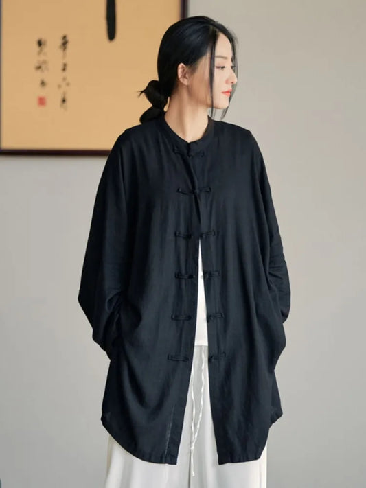 Women's: Vintage Chinese Style Linen Cotton Loose Tops Long Sleeve Button Solid Color Blouses