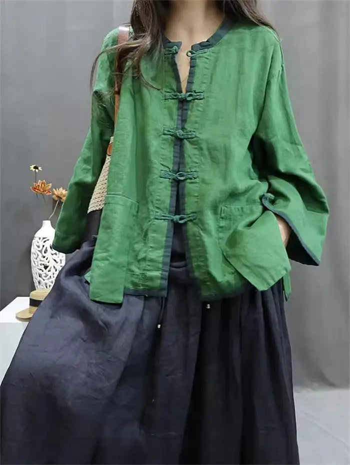 Women's: Asian Style - Linen Jacket - Stand Up Collar Retro Casual Loose Top