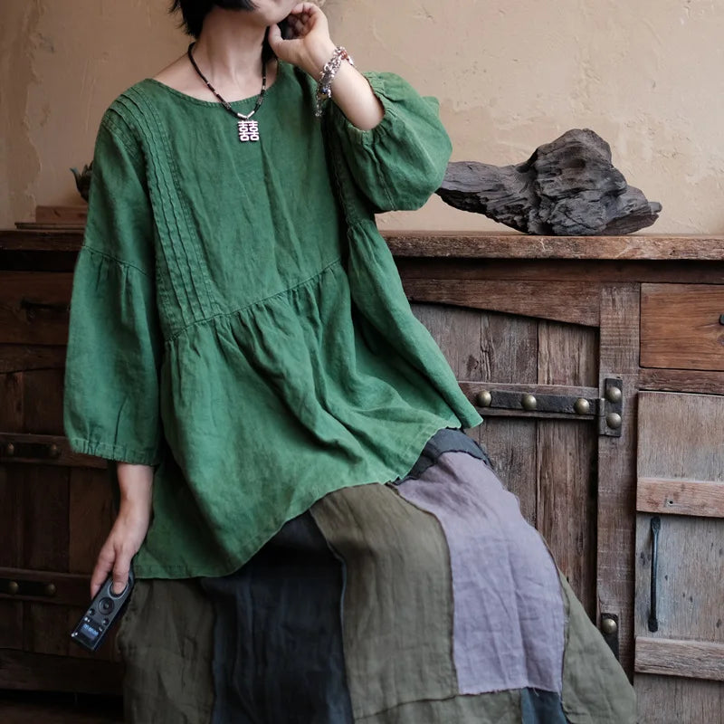 Women's: Linen Vintage Style Pullover Fold Top in Purple, Green, and Rose Red - Autumn Long Sleeve O-Neck Loose Patchwork Shirt