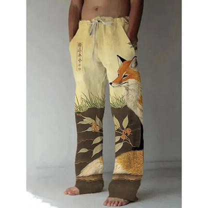 Men's: Linen Japanese Harajuku Style Wide Leg Pants with Fox Raccoon Prints - Casual Summer Trousers Streetwear