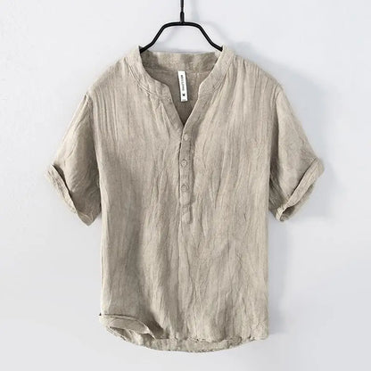 Men's: Retro Style 100% Raw Linen Leisure Solid Color Short-Sleeved V-neck Slightly Wrinkled shirts