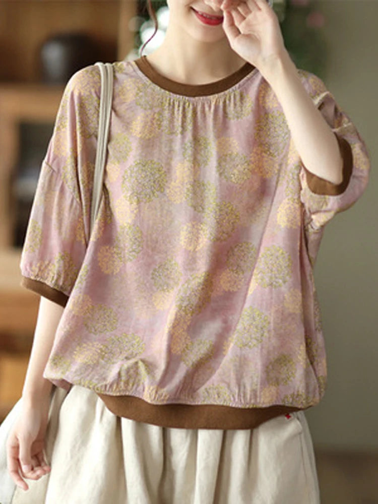 Women's: Vintage Style Linen Tops - Polka Dot Print O-Neck Short Sleeve Casual shirts