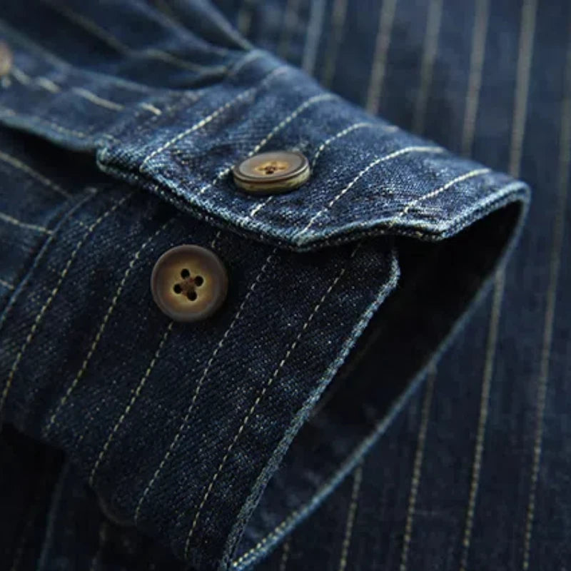 Men's: Cotton Vintage Style Heavy wash striped denim shirt