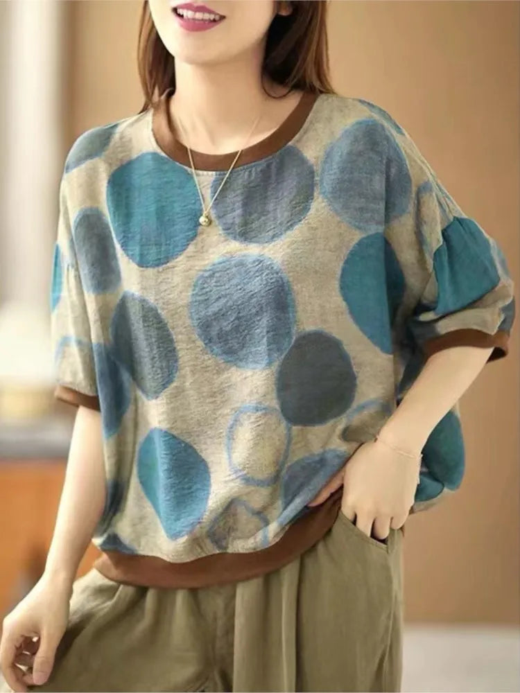 Women's: Vintage Style Linen Tops - Polka Dot Print O-Neck Short Sleeve Casual shirts