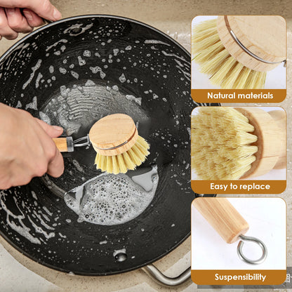 Zero Waste 3-5Pcs Wooden Dish Brush Replaceable Long Handle Kitchen Cleaning Brush Set Natural Sisal Scrubbing Brush for Cleaning Pots Pans