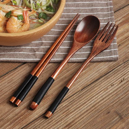 Japanese Style 3pcs Tableware Natural Wood Dinnerware Set - Spoon, Chopsticks, & Fork Cutlery Set