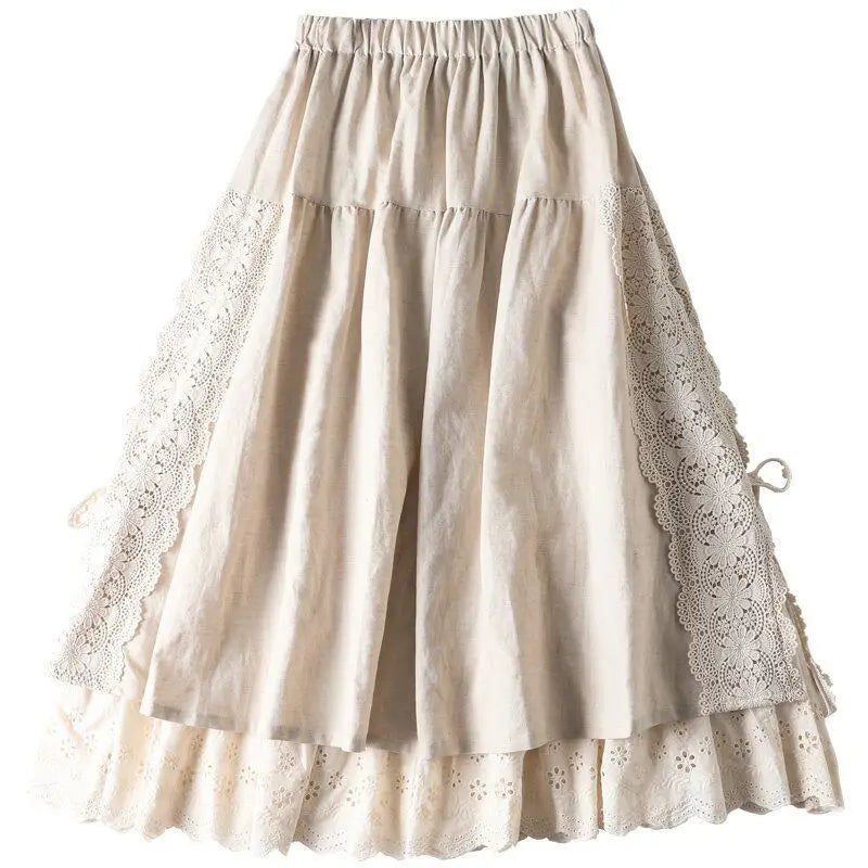 Women's: Japanese Vintage Style Cotton Linen Long Skirt Mori Girl Style High Waist  - A Line Loose Double Layer Pleated Skirts