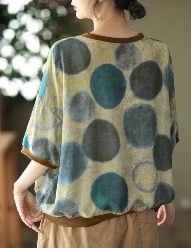 Women's: Vintage Style Linen Tops - Polka Dot Print O-Neck Short Sleeve Casual shirts