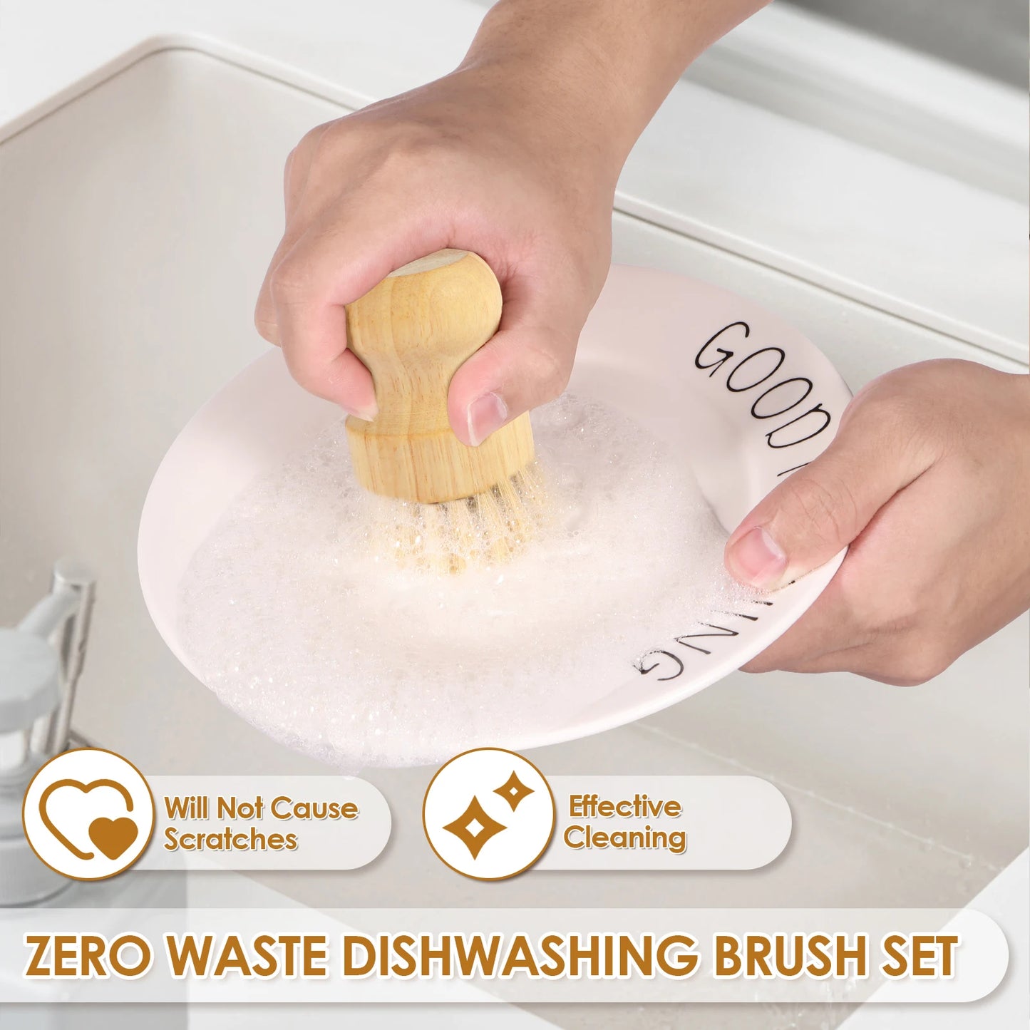 Zero Waste 3-5Pcs Wooden Dish Brush Replaceable Long Handle Kitchen Cleaning Brush Set Natural Sisal Scrubbing Brush for Cleaning Pots Pans