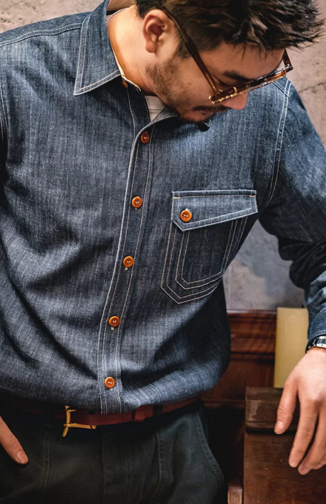 Men's: Retro Thin Long-sleeved Cotton Denim Shirts Single-breasted Lapel Collar Stitch Design