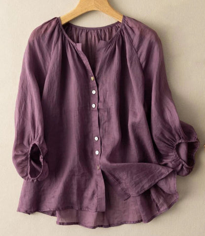 Women's: Retro Style cotton and linen Lantern sleeve shirt with V-neck casual top