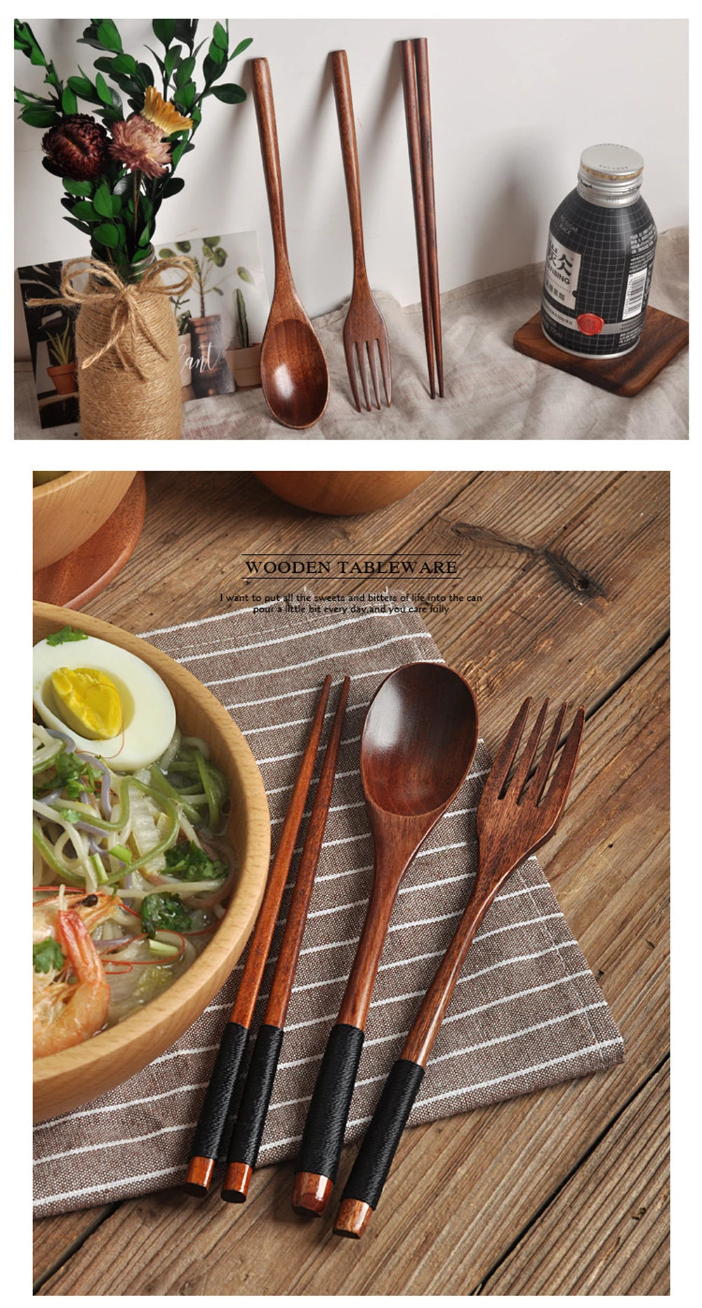 Japanese Style 3pcs Tableware Natural Wood Dinnerware Set - Spoon, Chopsticks, & Fork Cutlery Set