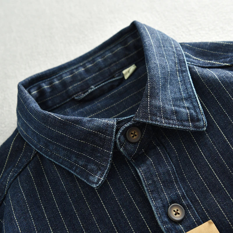 Men's: Cotton Vintage Style Heavy wash striped denim shirt