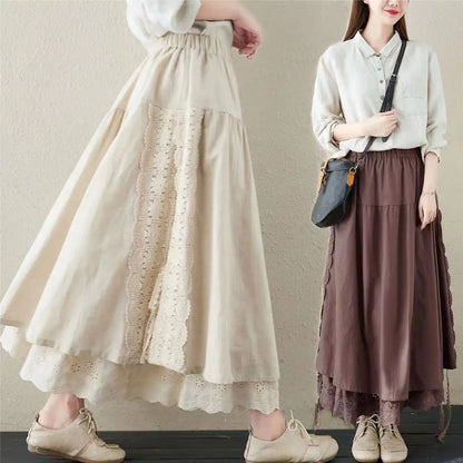 Women's: Japanese Vintage Style Cotton Linen Long Skirt Mori Girl Style High Waist  - A Line Loose Double Layer Pleated Skirts