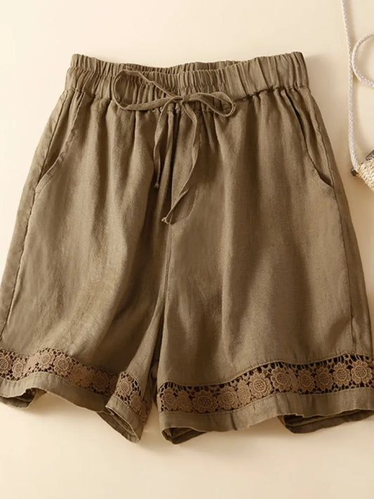 Women's: Cotton & Linen Vintage Style - Summer Casual Shorts Hollow Out Lace Loose with Elastic Waist