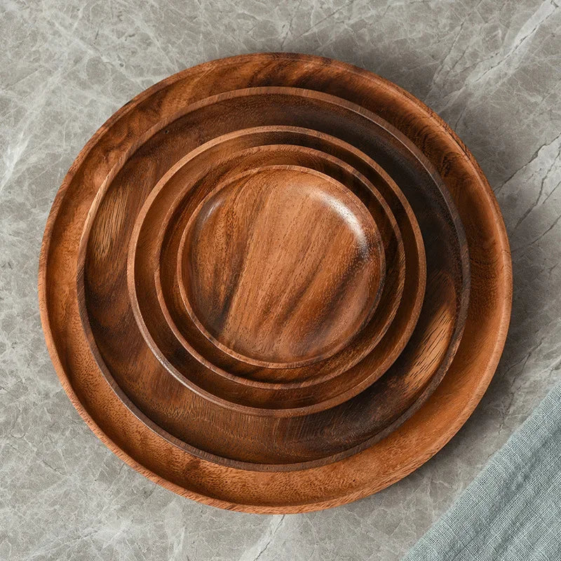 Japanese Household Dishes Made from Acacia Wood - Round Tableware Salad Dessert Tray, Wood Dinnerware Set, Plates & Serving Platter