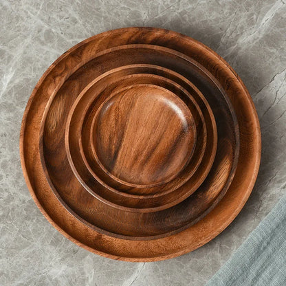 Japanese Household Dishes Made from Acacia Wood - Round Tableware Salad Dessert Tray, Wood Dinnerware Set, Plates & Serving Platter