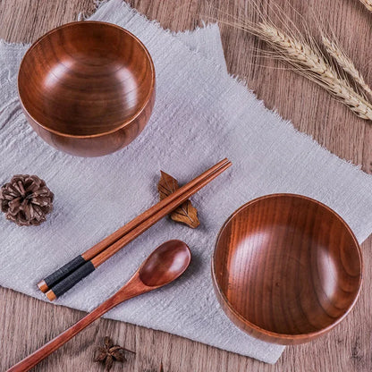 Japanese Style Acacia Wooden Bowl Dining Anti-Drop Bowls - Retro Home Tableware Set Salad Bowl