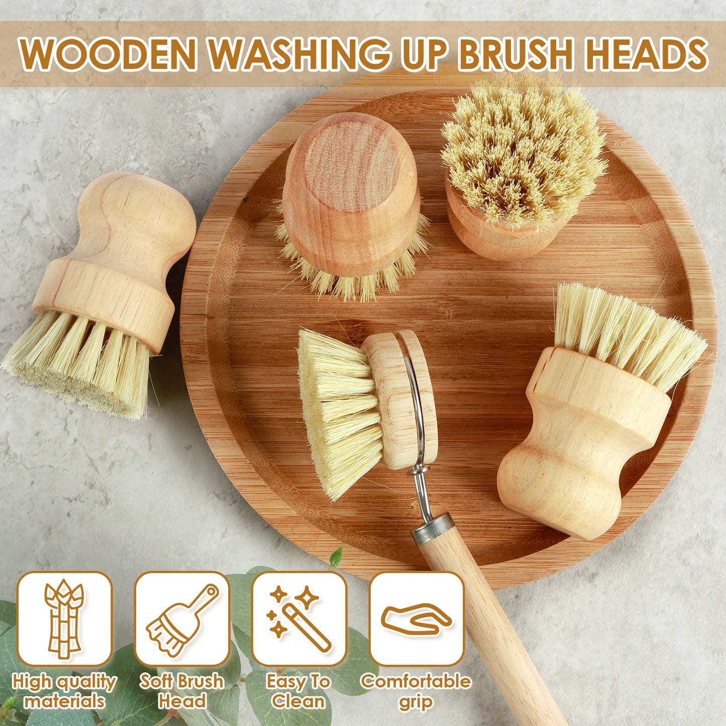 Zero Waste 3-5Pcs Wooden Dish Brush Replaceable Long Handle Kitchen Cleaning Brush Set Natural Sisal Scrubbing Brush for Cleaning Pots Pans