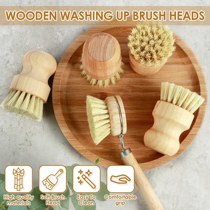 Zero Waste 3-5Pcs Wooden Dish Brush Replaceable Long Handle Kitchen Cleaning Brush Set Natural Sisal Scrubbing Brush for Cleaning Pots Pans