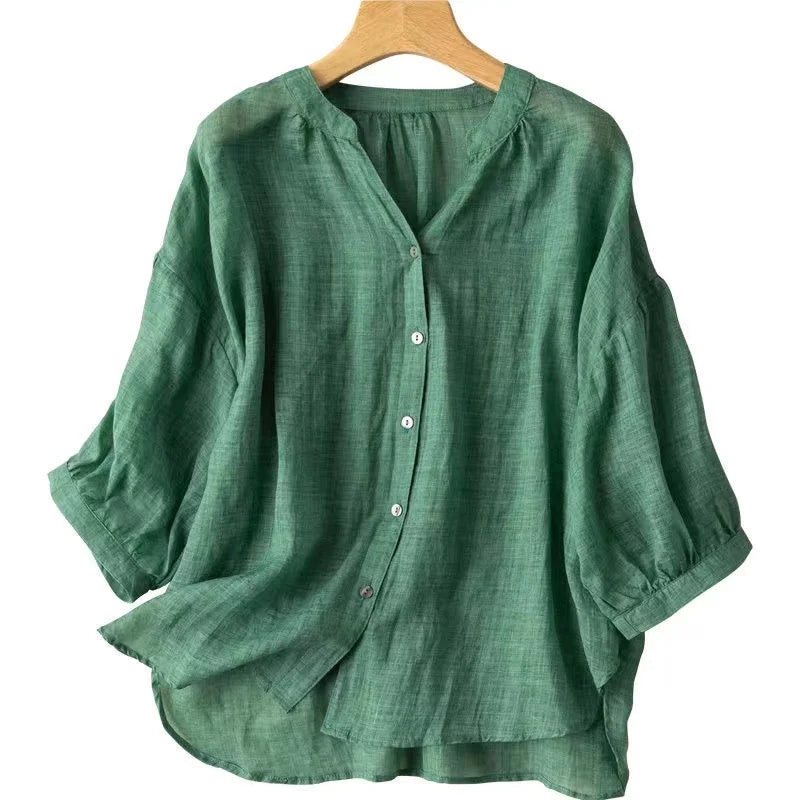 Women's: Retro Style cotton and linen Lantern sleeve shirt with V-neck casual top