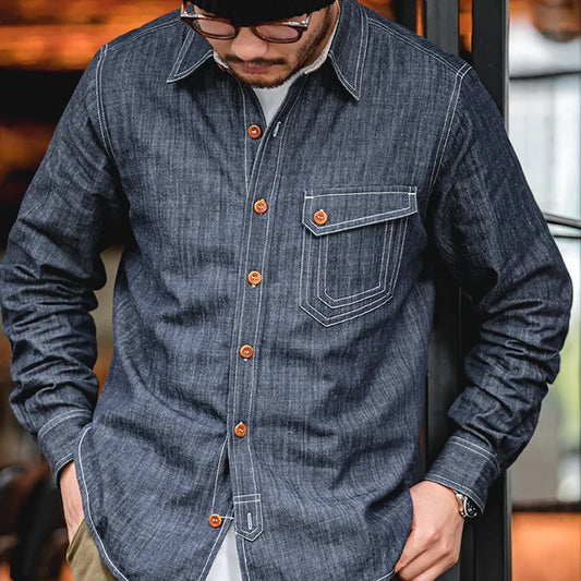 Men's: Retro Thin Long-sleeved Cotton Denim Shirts Single-breasted Lapel Collar Stitch Design