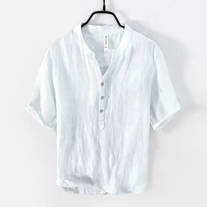 Men's: Retro Style 100% Raw Linen Leisure Solid Color Short-Sleeved V-neck Slightly Wrinkled shirts