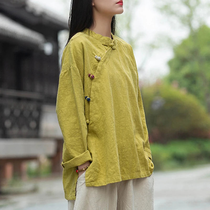 Women's: Vintage & Chinese Style Cotton Linen Long Sleeve Button Loose Blouses Shirts