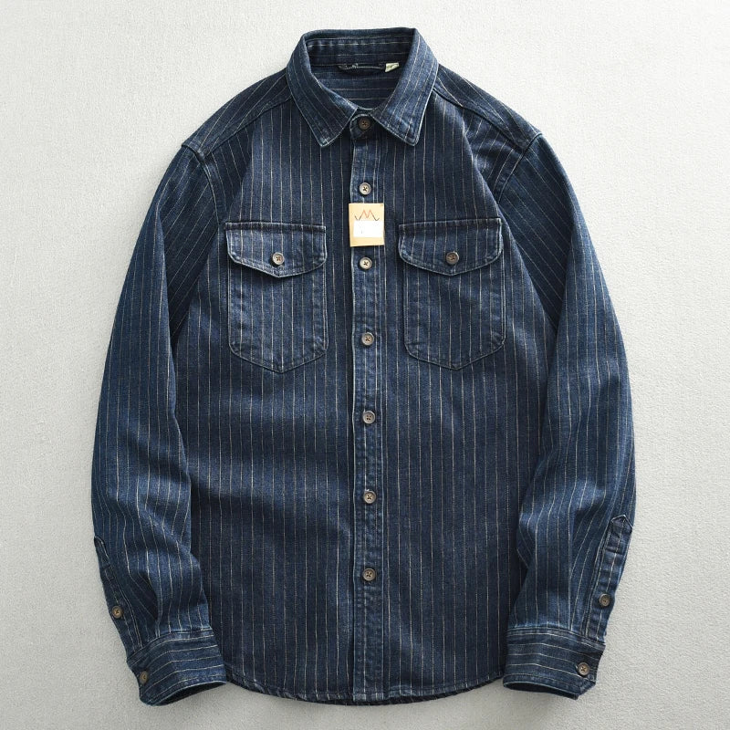 Men's: Cotton Vintage Style Heavy wash striped denim shirt