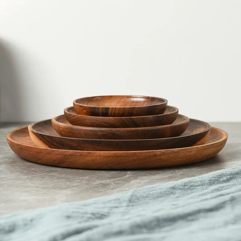 Japanese Household Dishes Made from Acacia Wood - Round Tableware Salad Dessert Tray, Wood Dinnerware Set, Plates & Serving Platter