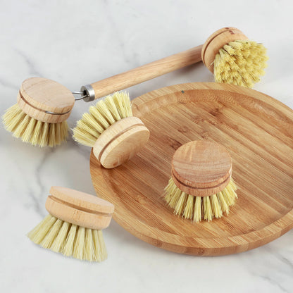 Zero Waste 3-5Pcs Wooden Dish Brush Replaceable Long Handle Kitchen Cleaning Brush Set Natural Sisal Scrubbing Brush for Cleaning Pots Pans