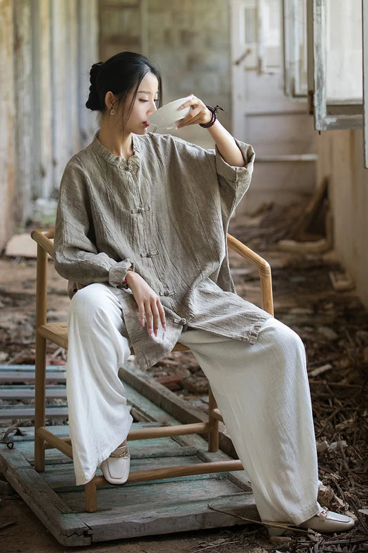 Women's: Cotton Vintage & Chinese Style Ramie Shirts - Long Sleeve Autumn Blouses - Solid Color Loose Shirts