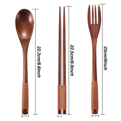 Japanese Style 3pcs Tableware Natural Wood Dinnerware Set - Spoon, Chopsticks, & Fork Cutlery Set