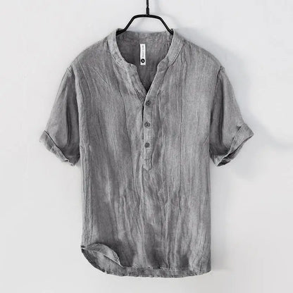 Men's: Retro Style 100% Raw Linen Leisure Solid Color Short-Sleeved V-neck Slightly Wrinkled shirts