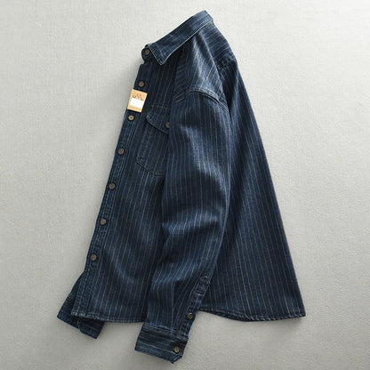 Men's: Cotton Vintage Style Heavy wash striped denim shirt