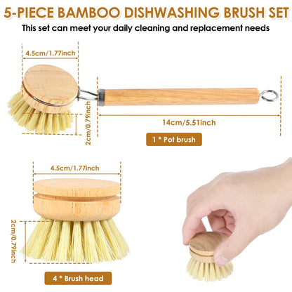 Zero Waste 3-5Pcs Wooden Dish Brush Replaceable Long Handle Kitchen Cleaning Brush Set Natural Sisal Scrubbing Brush for Cleaning Pots Pans