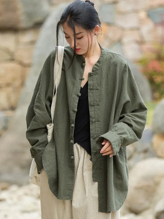 Women's: Vintage & Chinese Style Linen Shirts with Long Sleeve Blouses - Solid Color Button