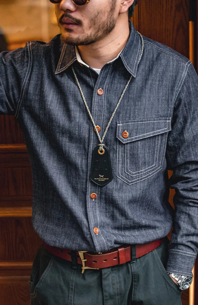 Men's: Retro Thin Long-sleeved Cotton Denim Shirts Single-breasted Lapel Collar Stitch Design