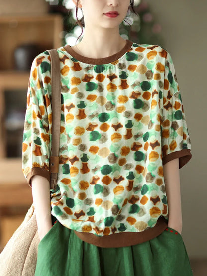 Women's: Vintage Style Linen Tops - Polka Dot Print O-Neck Short Sleeve Casual shirts