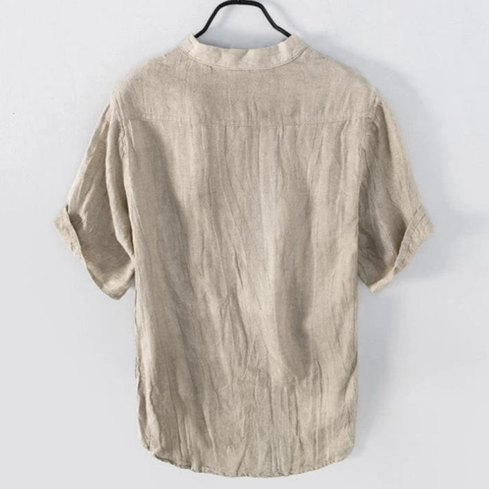 Men's: Retro Style 100% Raw Linen Leisure Solid Color Short-Sleeved V-neck Slightly Wrinkled shirts